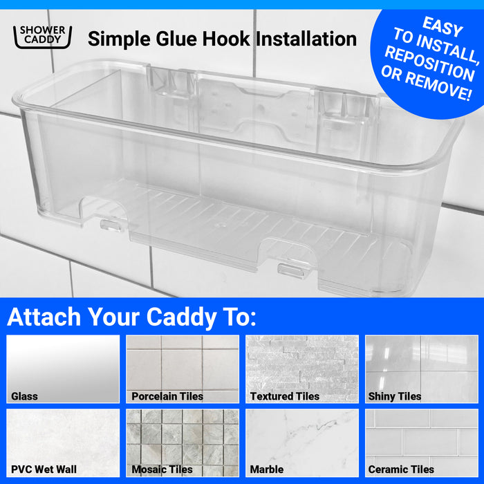 Shower Caddy with simple glue installation, sticks to almost any bathroom surface apart from painted walls