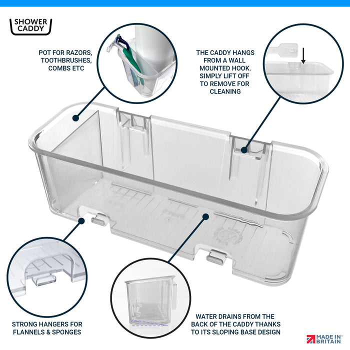 The SBW Shower Caddy includes an end pot for razors and toothbrushes, hanging hooks for flannels and sponges