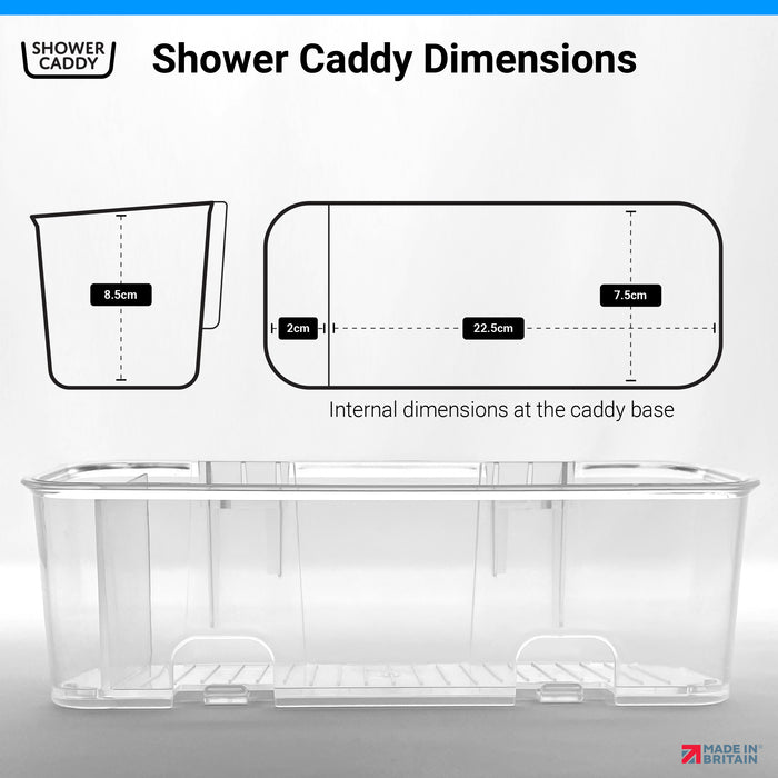 The internal dimensions of the SBW Shower Caddy shows you what shampoo, shower gel, soap bottles will fit