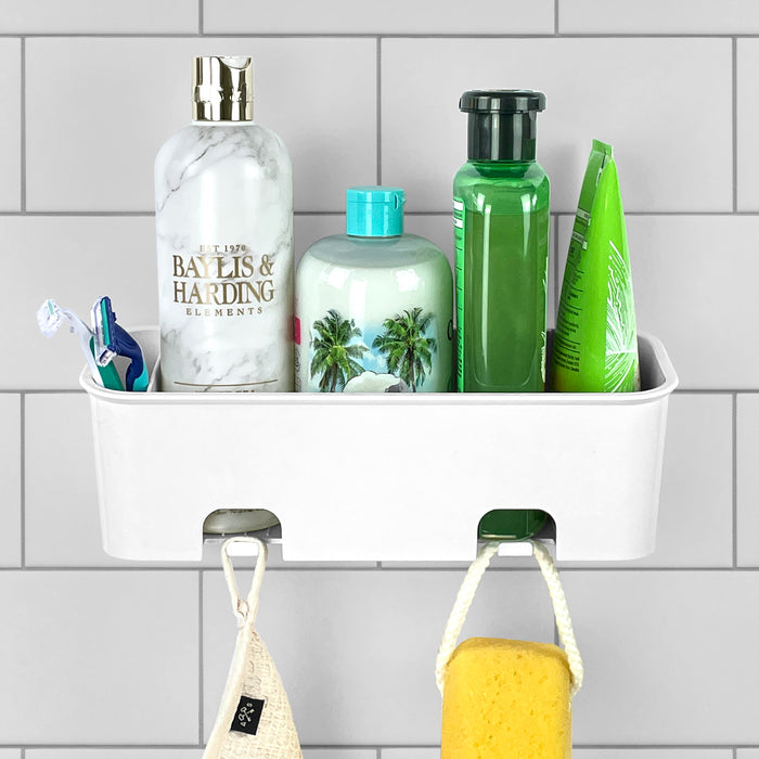 SBW Shower Caddy bright white bathroom organiser caddy with hangers and pot for razors and toothbrushes