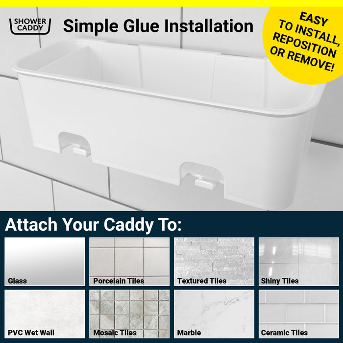 Install the SBW Shower Caddy using the special adhesive it will stick to almost any bathroom surface including textured and tiled walls